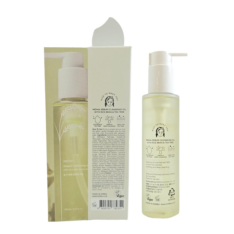 MIDHA Sebum Cleansing Oil with rice bran & tea tree,5.07fl.oz/150ml, Gentle Makeup Remover, Hydrating, Lightweight, Plant-Based, Tea Tree, Sebum Control, Moisturising, First-Step Cleanser