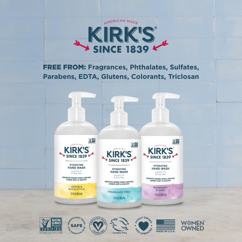 Kirk's Hydrating Hand Wash - Made with Coconut Oil and Aloe Vera, With Odor Neutralizing Technology To Help Eliminate Odors, Non-GMO, Vegan, Fragrance Free, 12 Fl Oz. 4 pack