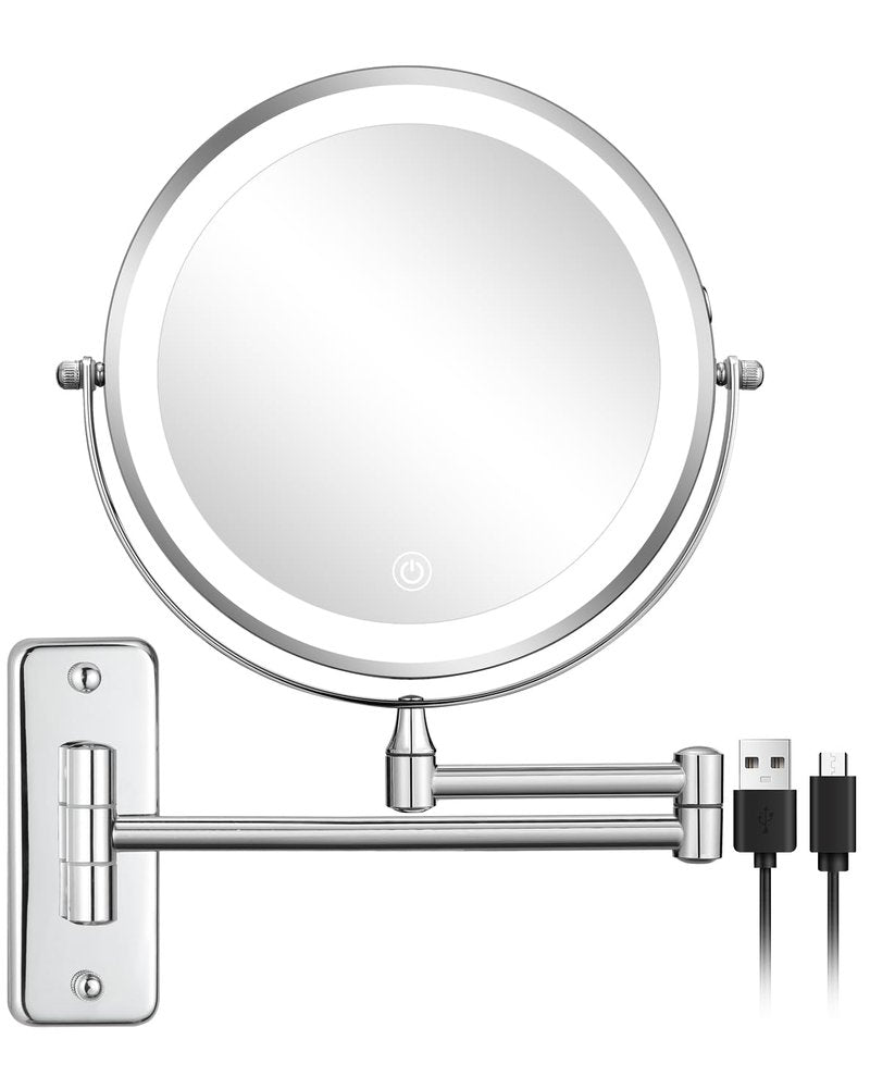 DECLUTTR Wall Mounted Makeup Mirror with Lights, Rechargeable 8 Inch Double Sided Magnifying Mirror 1X/10X, Dimmable Vanity Mirror with 3 Lighting Modes