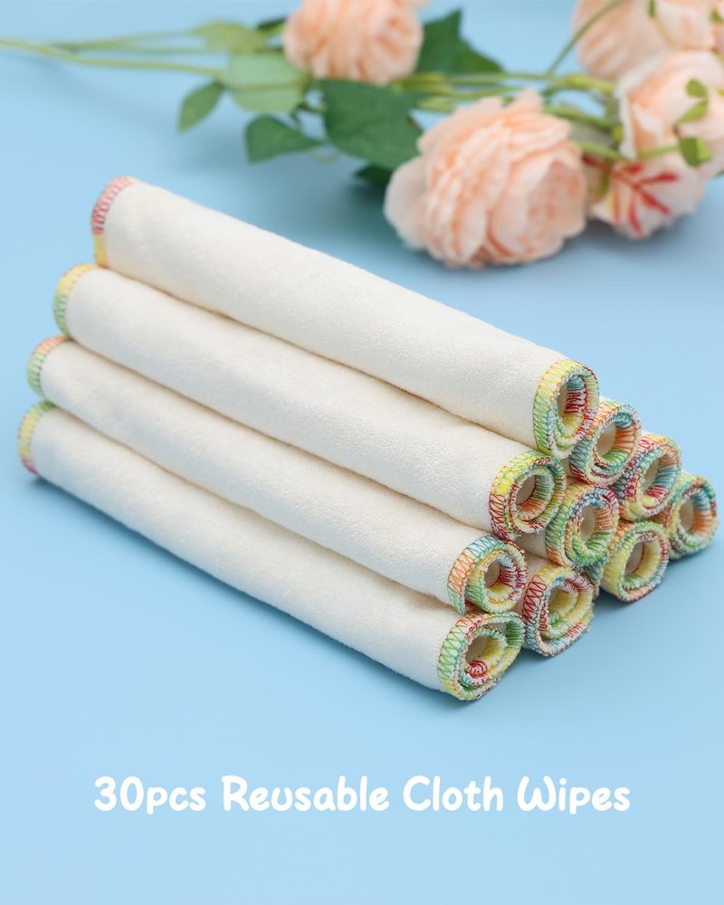 Babygoal 30PCS Reusable Diaper Wipes, Natural Unbleached Baby Face Wipes, Soft Sturdy, 8 x 8 Inches, 30BW02-B