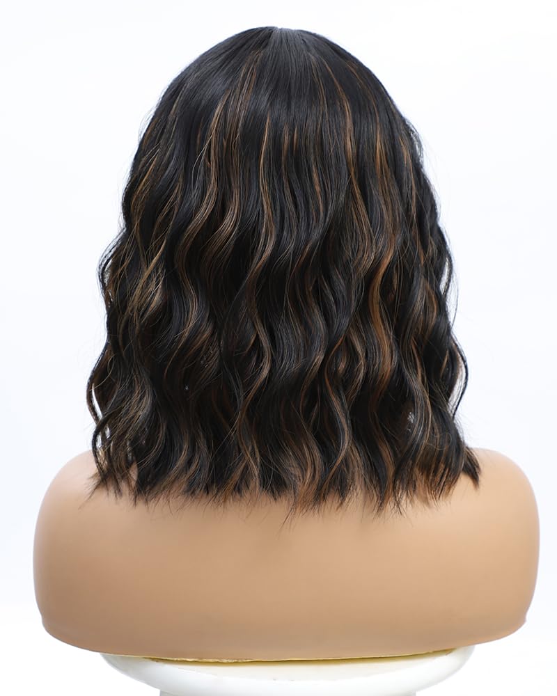 Black Highlights Brown Wig with Bangs,12 Inch Short Wavy Curly Bob Hair