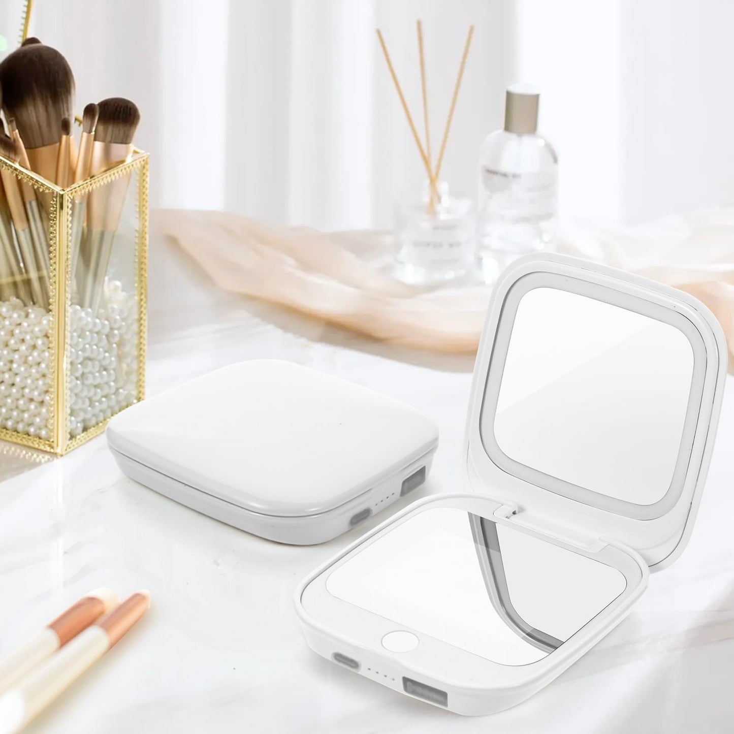 HiPai UV Camera Mirror for Sunscreen Test & SPF Detection, 1x/2x Magnifying Travel Mirror with Dimmable LED Lights, Handheld 2-Sided Portable Makeup Mirror for Handbag/Pocket,White
