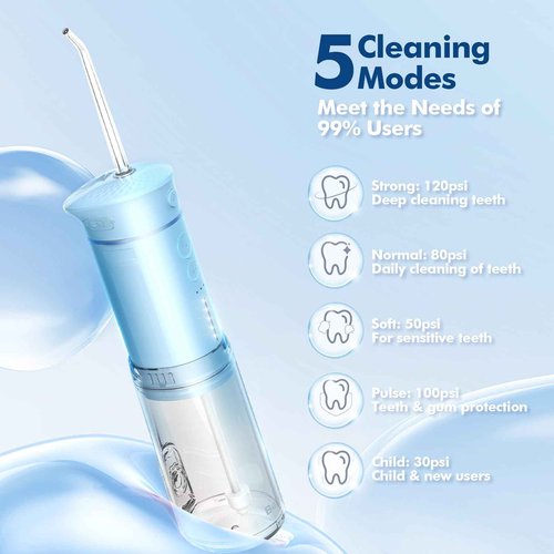 Water Flosser Mini Cordless Portable: 5 Modes Travel Water Dental Floss with Telescopic Water Tank, IPX7 Waterproof Oral Irrigator for Teeth Cleaning Gums,Orthodontic,Braces Dental Care (Sky Blue)