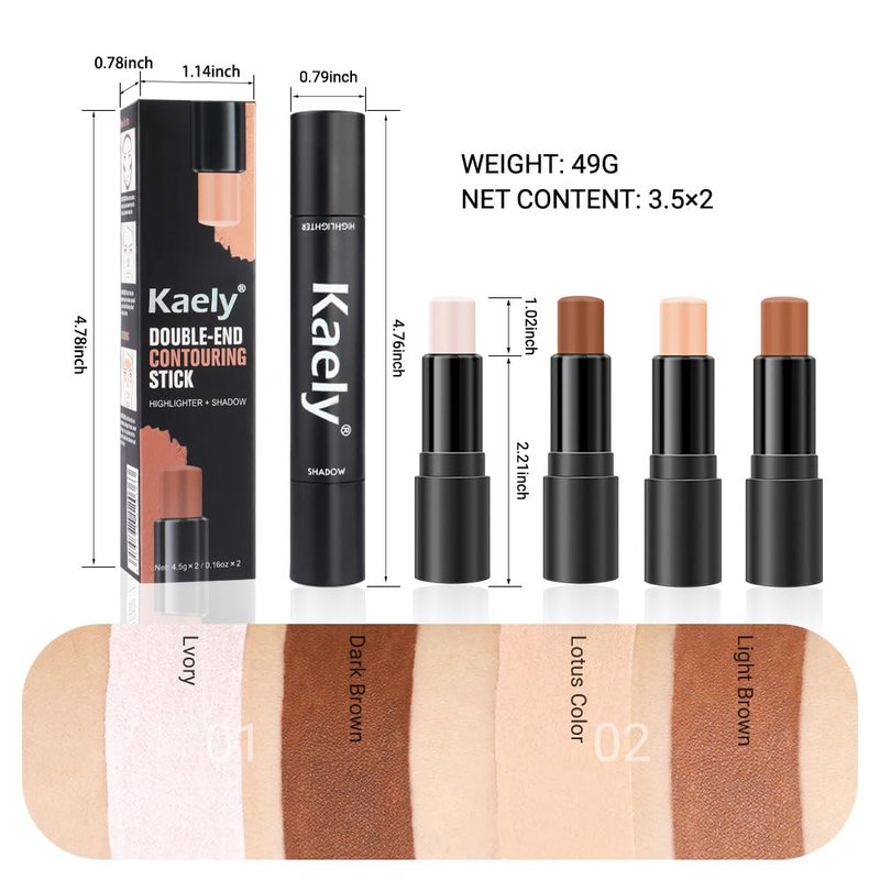 Kaely 4 Color Highlighter Contour Stick,Cream Contour Palette Kit for Beginners,Bronzer Contouring Sticks,contorno maquillaje para mujer en oferta,Concealer Stick Primer Face Makeup Brightener,01+02