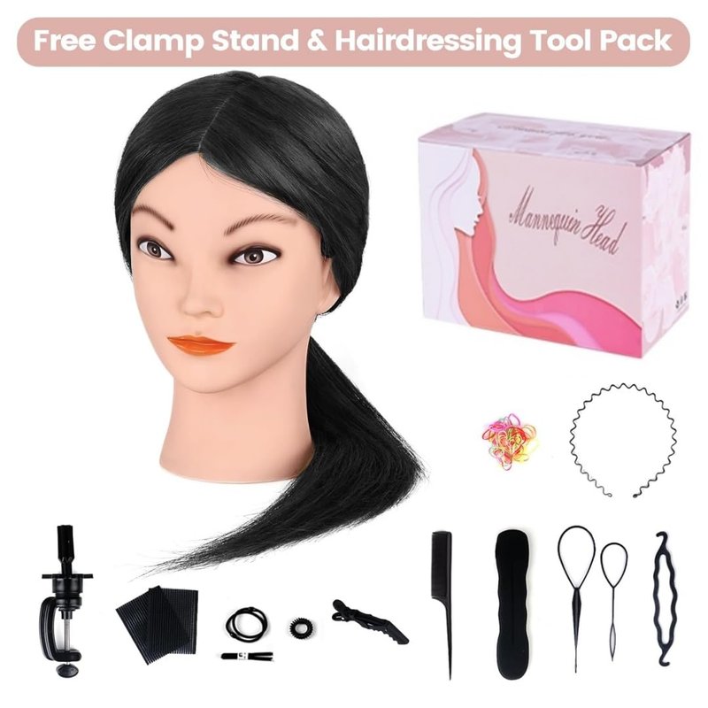 Mannequin Head with 100% Human Hair, MYSWEETY 18" Real Hair Manikin Doll Head for Hair Styling, Cosmetology Mannequin Hairdressing Practice Training Head with Clamp Holder and Tools(Black, Makeup)