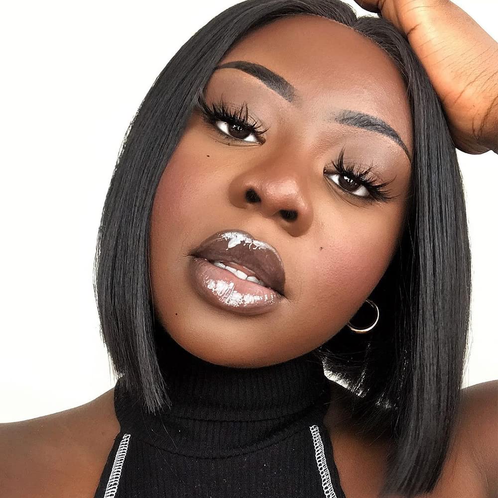 NOBLE Black Bob Wigs for Women Short Straight T Part HD Lace Front Wigs 150% Density Heat Resistant Synthetic Blunt Cut Bob Wigs for Party and Daily Use (10 Inch, Natural Black)