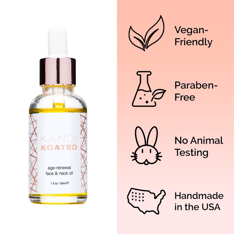 Kandi Koated Age-Renewal Face & Neck Oil Burruss – Botanical Oil with Jojoba, Vitamin C, Green Tea & Coffee Extract – Hydrating, Firming, Vegan Skincare, 1 fl oz