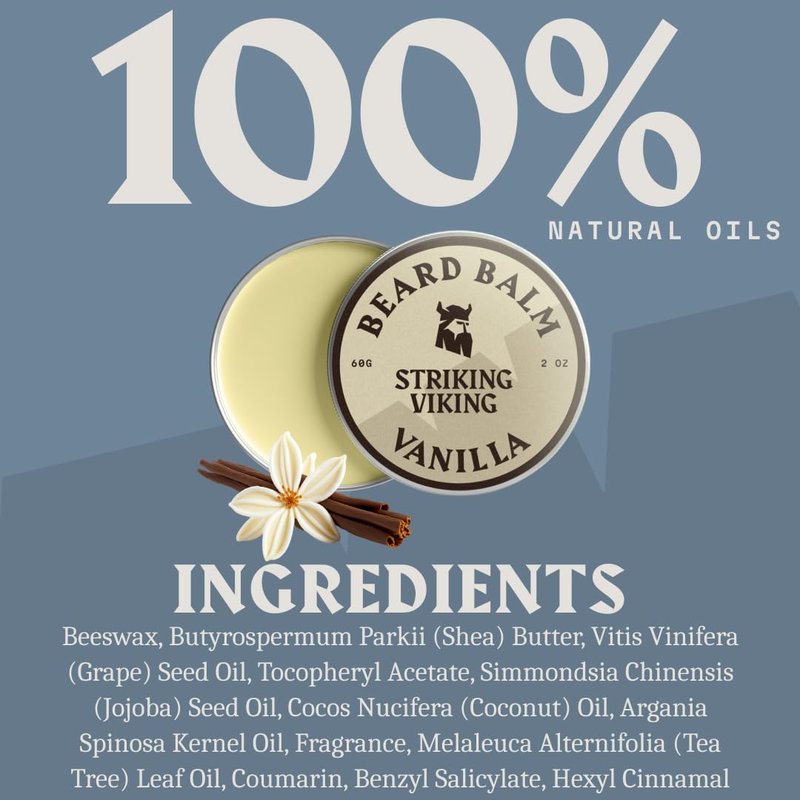 Striking Viking Beard Balm for Men - 2 oz, Vanilla Scent - Light Hold Moisturizer & Beard Conditioner for Men That Softens & Nourishes Coarse Facial Hair with Shea Butter & Tea Tree Oil