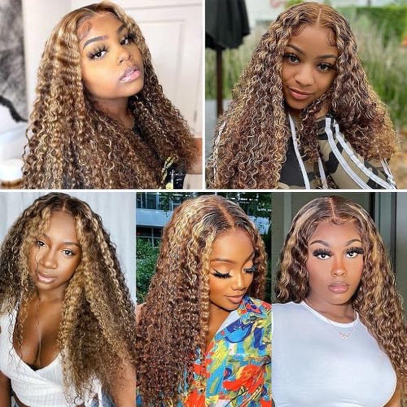 Highlight Glueless Wigs Human Hair Pre Plucked Pre Cut Ombre Honey Blonde Curly Lace Front Wig for Black Women 5x5 HD Lace Closure Wig for Beginners 180 Density