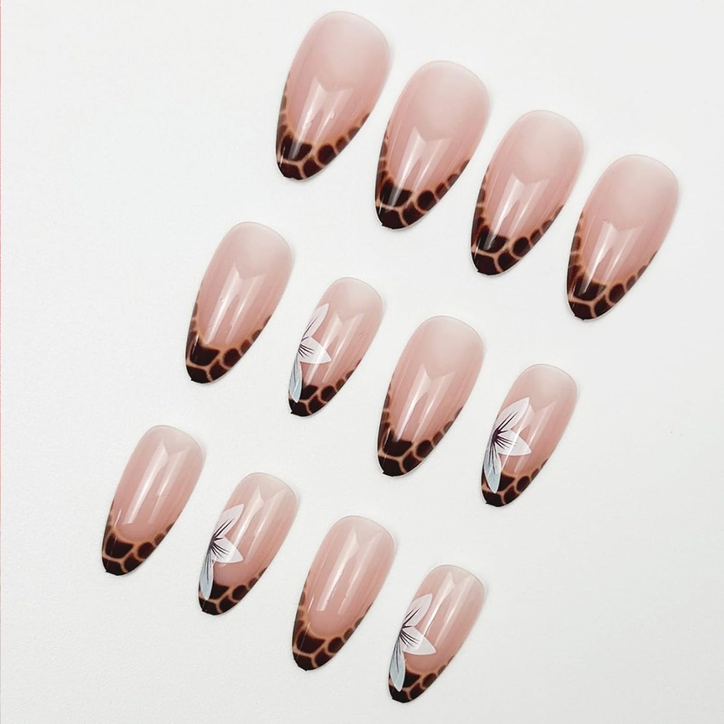 French Tip Almond Press-On Nails with Gold Bow | Reusable Glossy Acrylic False Nails for Women