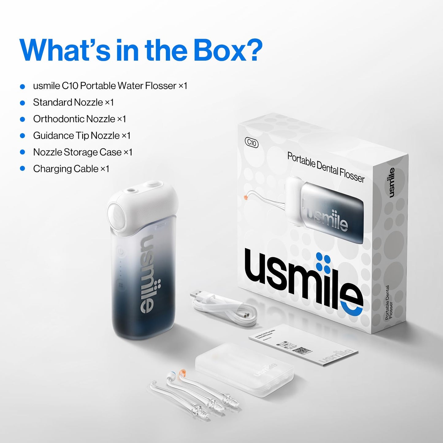 usmile C10 Portable Water Flosser – Travel-Friendly, 95-Day Battery, 4 Modes, 360° Nozzle, 180ml Tank, IPX7 Waterproof, Dentist-Recommended for Braces, Implants & Sensitive Gums (Inkstone Black)