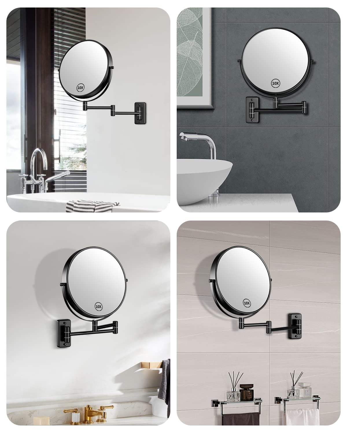 Gospire 9" Large Size Wall Mount Magnifying Mirror, 1X/10X Magnification Double-Sided, 360° Swivel Extendable Cosmetic Vanity Round Shaving Bathroom Mirror for Men and Women