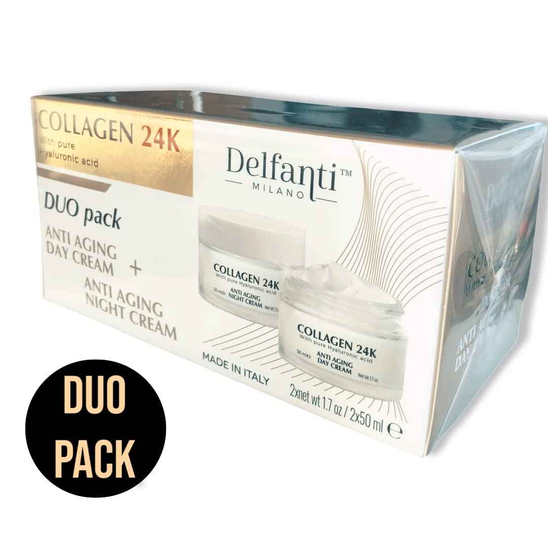 Delfanti • COLLAGEN 24K • Anti-Aging DUO pack • Day Cream jar PLUS Night Cream jar• Face, Neck and Décolleté Moisturizers with pure Hyaluronic Acid • Made in Italy