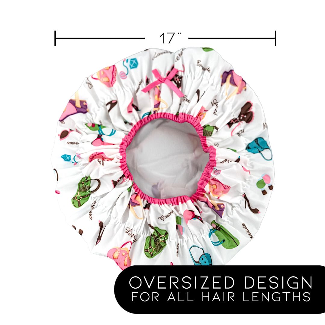 Reusable Shower Cap & Bath Cap & Lined, Oversized Waterproof Shower Caps Large Designed for all Hair Lengths with PEVA Lining & Elastic Band Stretch Hem Hair Hat - Fashionista Deco Dots