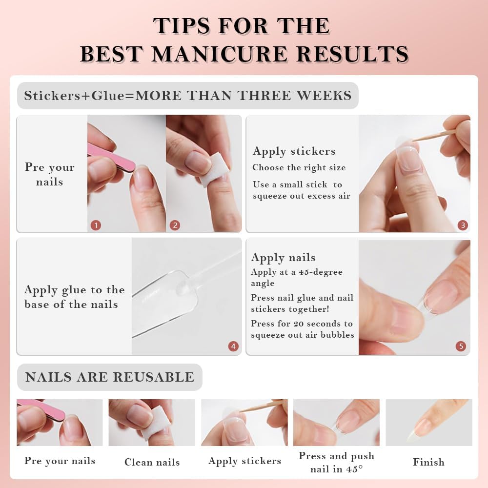 XZMeiLun 3D Flower Press On Nails Short Almond – Pink White Ombre Gold Line Designs, Acrylic Reusable Fake Nails with Adhesive Tabs Glue, Salon Quality Nail Press Ons - Nail Kit for Women Manicure