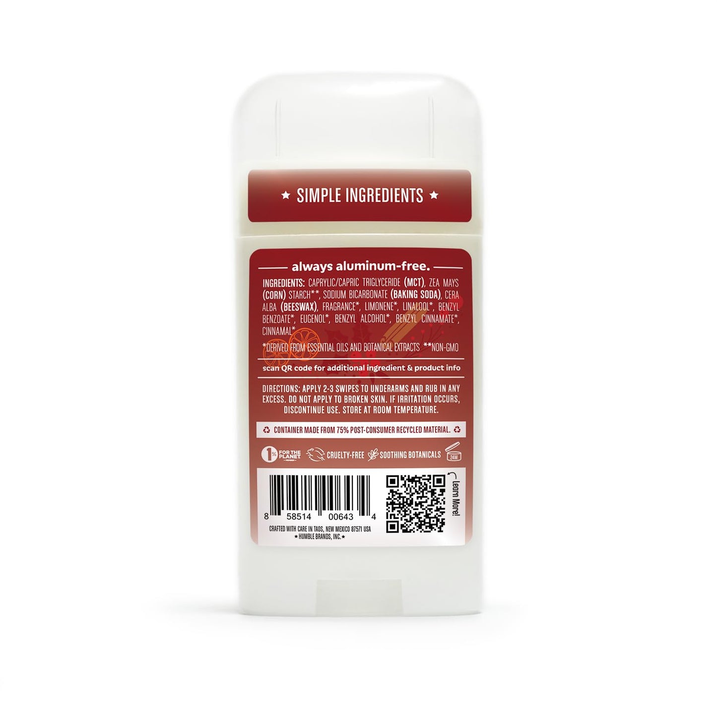Humble Aluminum-Free Deodorant for Women & Men, Sweet Orange & Cinnamon - Clean & Fresh Natural Deodorant Stick with Essential Oils for Long-Lasting Odor Control - 1 Pack