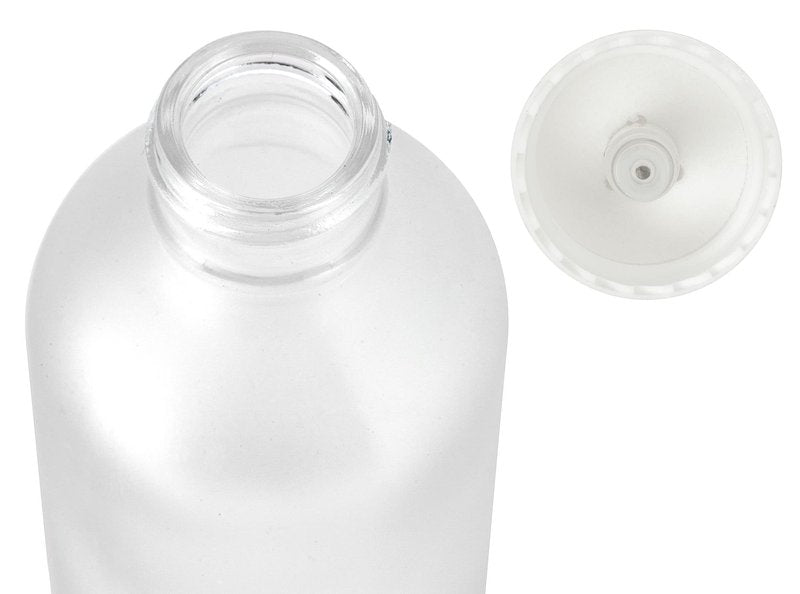 JUVITUS 4 oz / 120 ml Frosted Clear Glass Boston Round Bottle with White Treatment Pump BPA Free Refillable Empty Storage Containers (12 Pack) + Travel Foamer