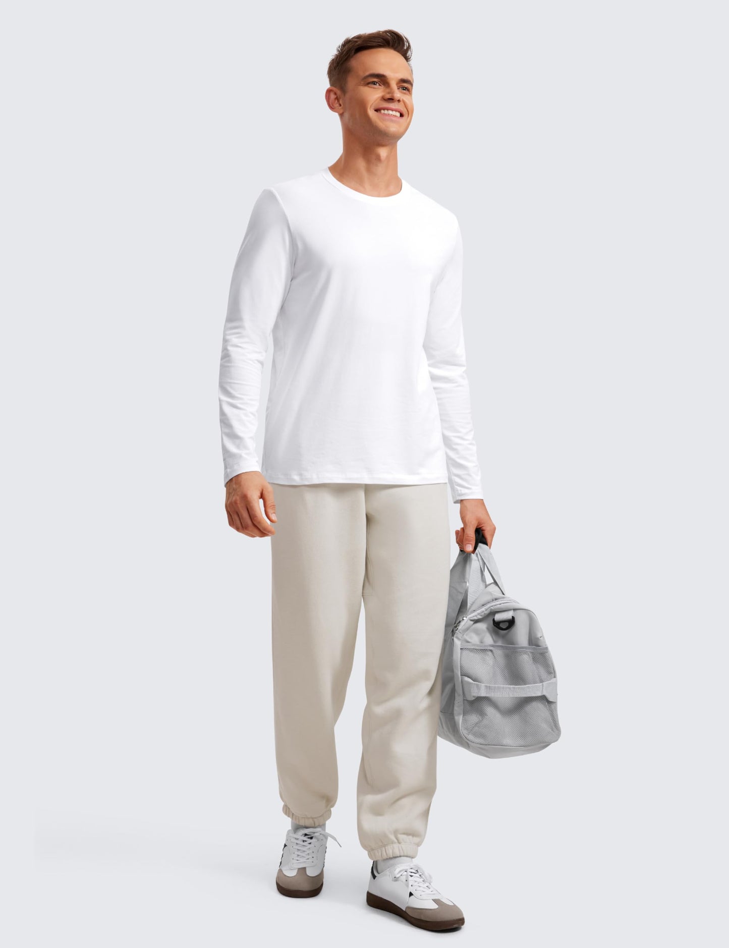 CRZ YOGA Pima Cotton Long Sleeve Shirts for Men Crew Neck Basic Casual T-Shirts Breathable Workout Comfort Tops White Large