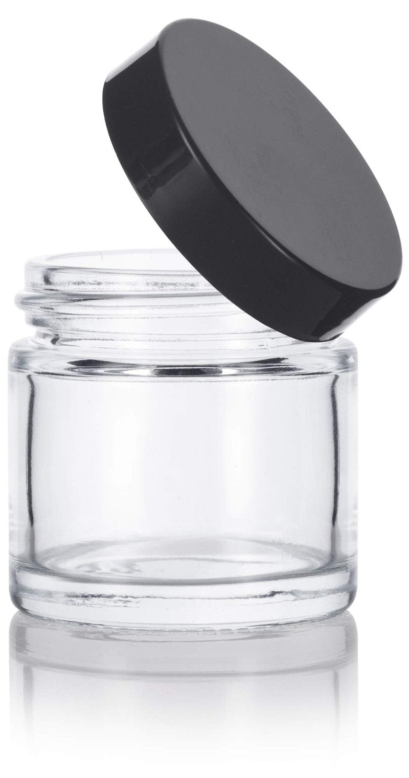 1 oz / 30 ml Clear Thick Wall Glass Jar with Black Lids (12 Pack) Airtight, Smell Proof