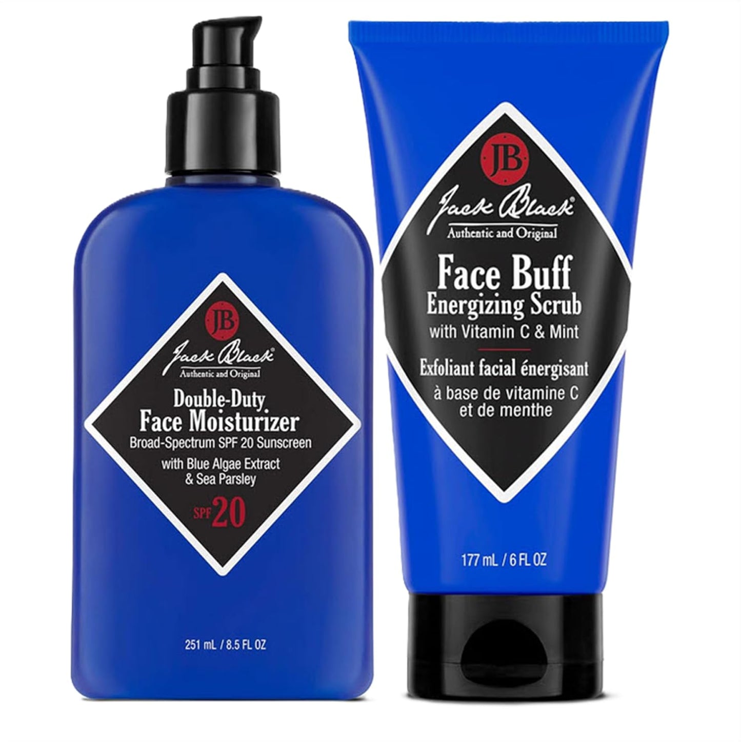 Jack Black Face Buff Energizing Scrub 6 Fl Oz & Double-Duty Face Moisturizer 8.5 Fl Oz Bundle - Mens Facial Scrub & Facial Moisturizer for Men