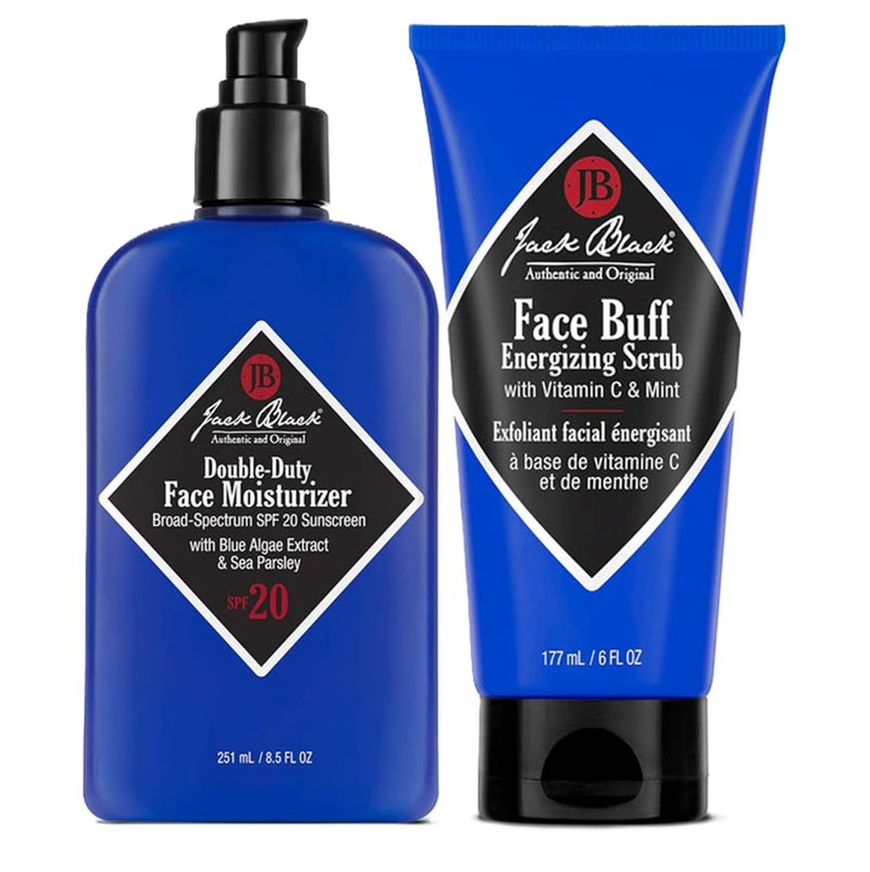 Jack Black Face Buff Energizing Scrub 6 Fl Oz & Double-Duty Face Moisturizer 8.5 Fl Oz Bundle - Mens Facial Scrub & Facial Moisturizer for Men