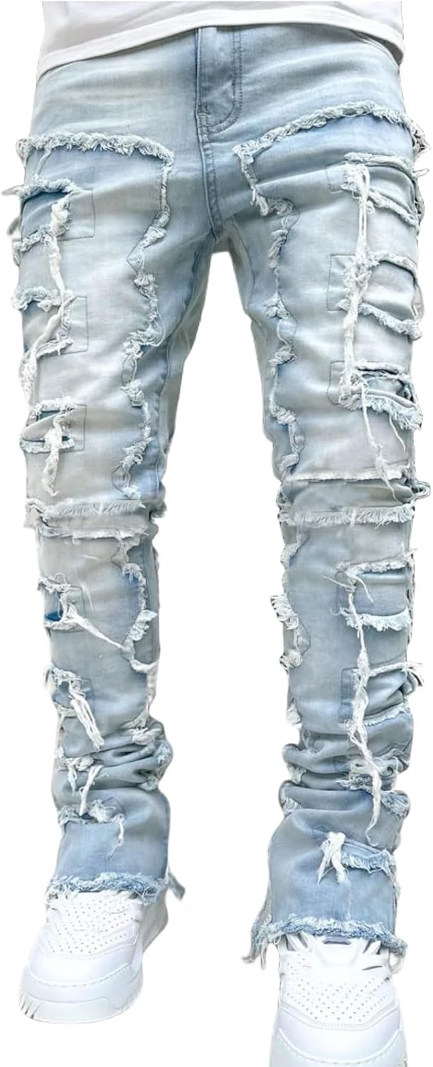 Men's Ripped Distressed Slim Fit Denim Jeans - Straight Leg Style | Cool Casual Look