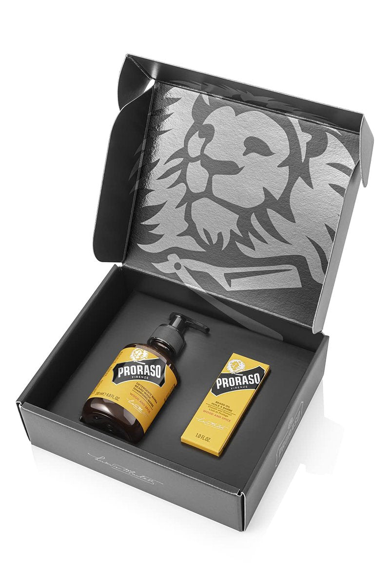 Proraso Wood and Spice Beard Care Duo Kit - Beard Wash and Oil with Warm, Woodsy Scent for Long or Full Beards - Premium Italian Gift Set for Men