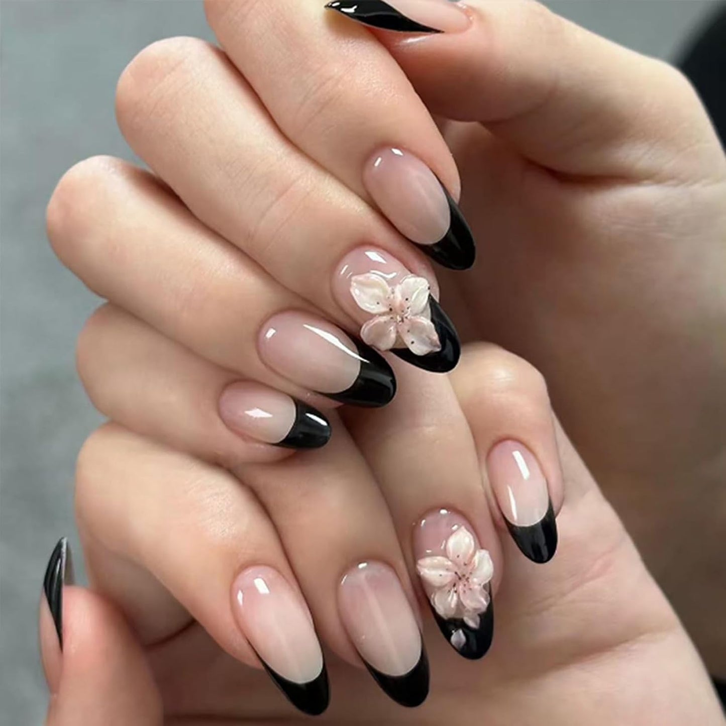 French Tip Almond Press-On Nails with Gold Bow | Reusable Glossy Acrylic False Nails for Women