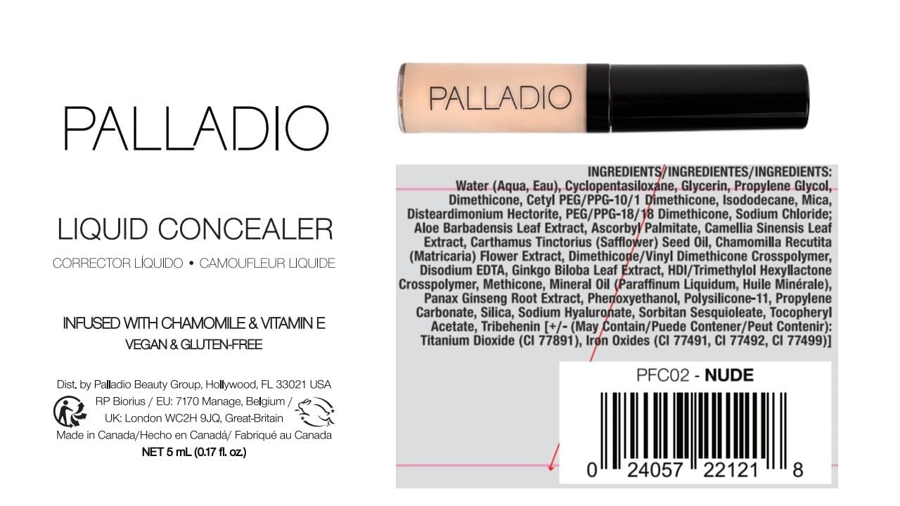 Palladio Liquid Concealer, Medium Coverage, Lightweight and Buildable Formula for Seamless Coverage, Conceals Imperfections, Brightens Skin, and Lasts All Day, Nude