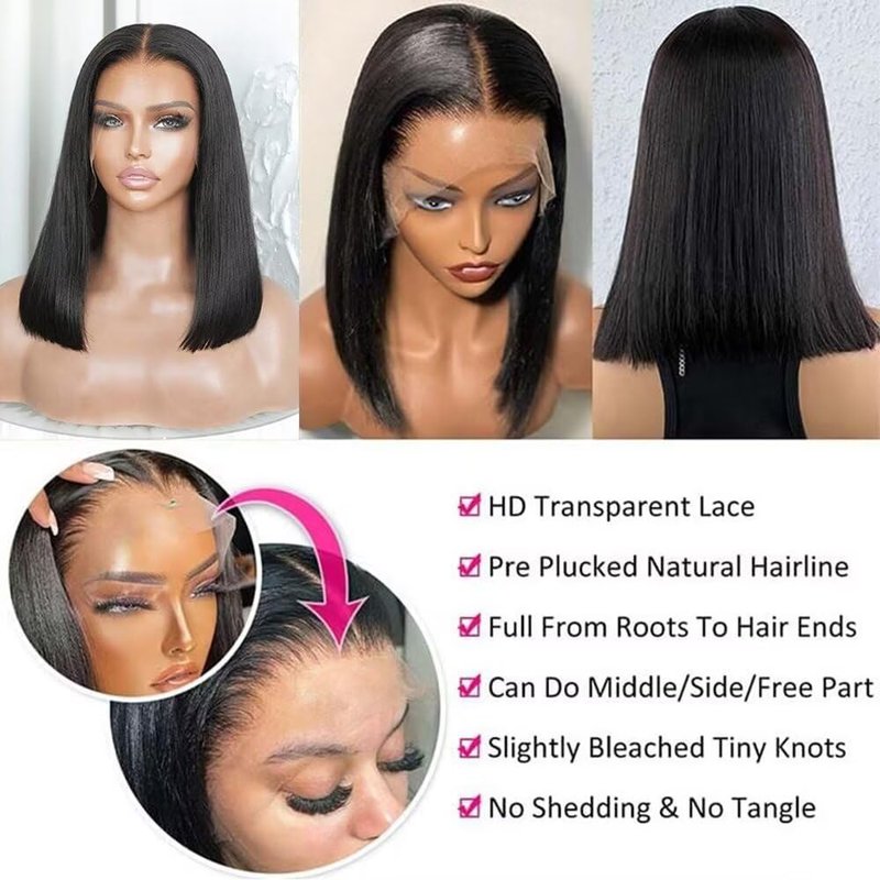 MYouan Glueless Bob Wig Human Hair Really Big 13x4 HD Lace Front Wigs 180% Density Pre Plucked with Baby Hair Natural Black 12 inches