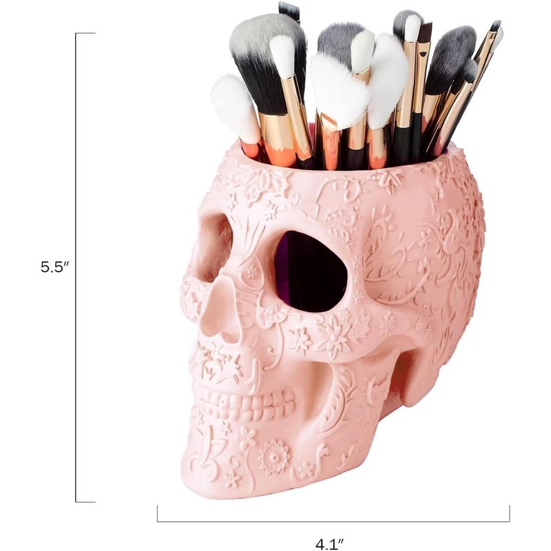 Skull Makeup Brush Holder, Pen Holder, Vanity, Desk, Office Organizer, Stationary, Decor Planter, Candy Bowl, Goth Decorations, Extra Large, Skulls Gothic Skull & Bones Organizer Bathroom (Cloud Pink)