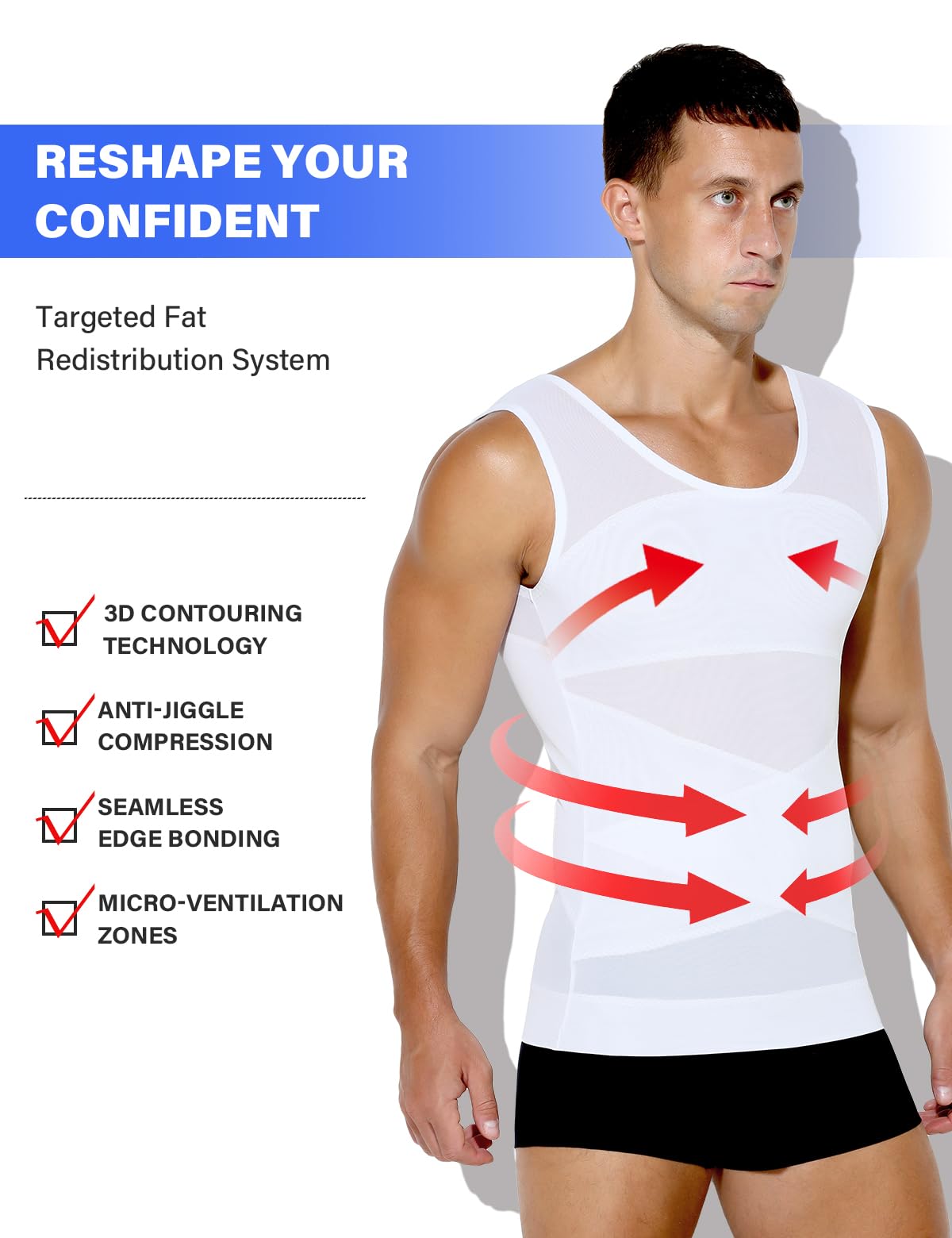 Arjen Kroos Men's Body Shaper Compression Mesh Tank Top Undershirts Shapewear,WHITE/BLACK-ML4005,L