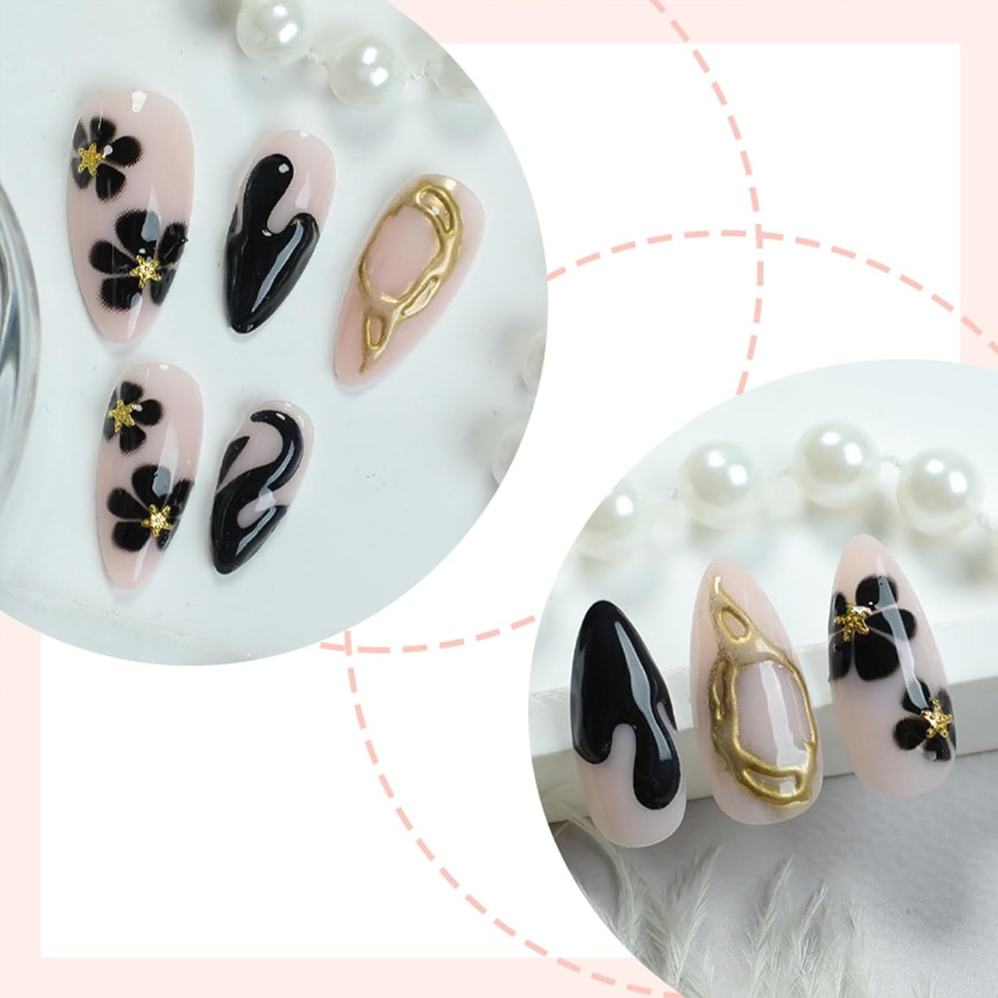 French Tip Almond Press-On Nails with Gold Bow | Reusable Glossy Acrylic False Nails for Women