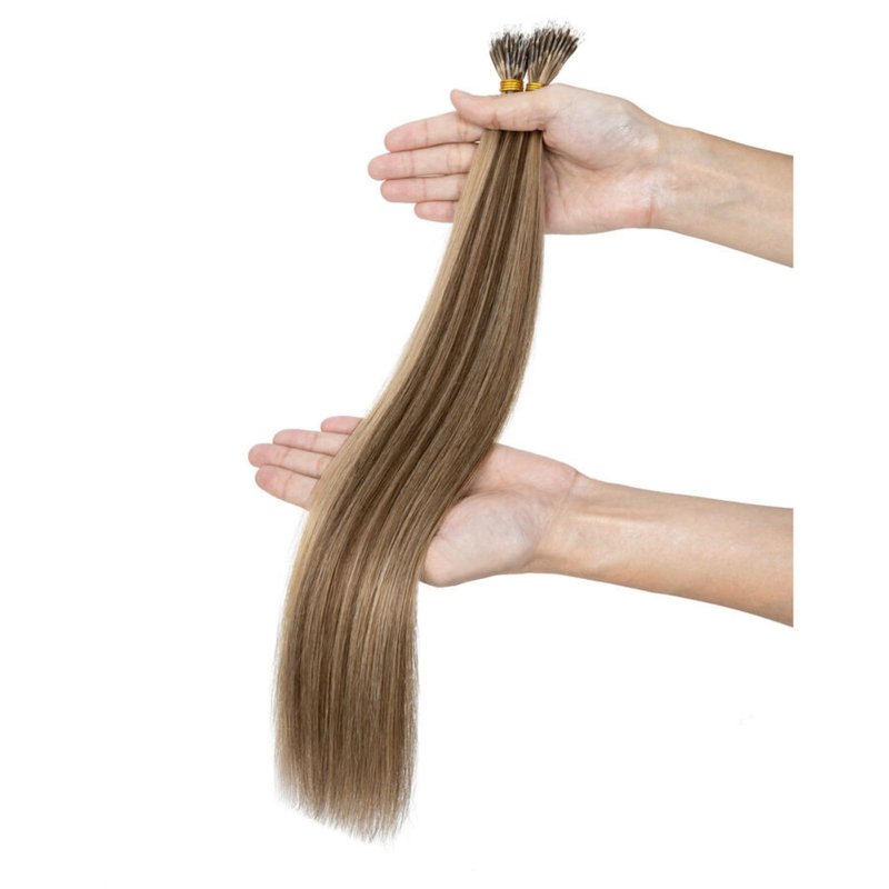 TESS Nano Bead Human Hair Extensions, Nano Ring Hairpieces Nano Tip Hair Extensions Pre-Bonded Seamless Look 50pcs/pack, 18 inch, #4RP27R Chocolate Brown Mixed Light Brown