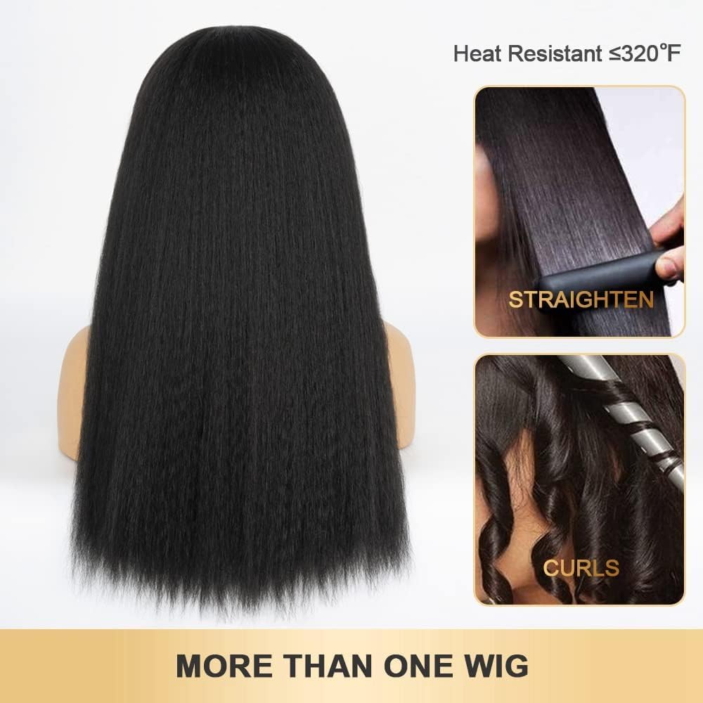 Emistar Black V Part Wig Kinky Straight Wig Upgrade U Part Synthetic Wigs for Black Women Full Head Clip In Hair Glueless Blend Human Hair Replacement Synthetic Wigs Natural Scalp (Black2.0, 14 Inch)