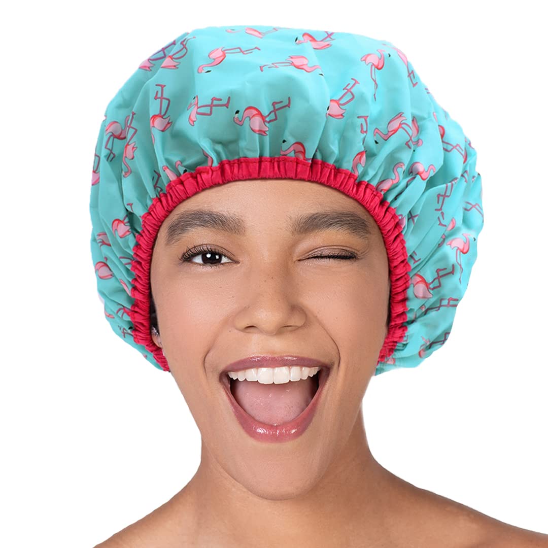 Reusable Shower Cap & Bath Cap & Lined, Oversized Waterproof Shower Caps Large Designed for all Hair Lengths with PEVA Lining & Elastic Band Stretch Hem Hair Hat - Fashionista Deco Dots