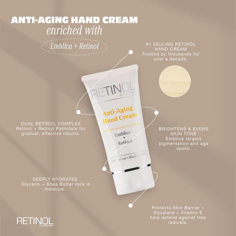 Robanda Retinol Anti-Aging Hand Cream - Hydrating & Moisturizing Hand Lotion with Anti-Aging Formula to Help Prevent Wrinkles & Reduce Fine Lines, 3 oz, Lightly Scented