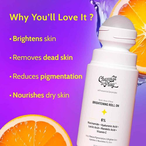 Chemist at Play Roll On Serum For Neck, Knee & Elbow With 6% Vitamin C+ Hyaluronic Acid + AHAs + Niacinamide + Ceramides | Exfoliates, Removes Pigmentation, and Hydrates Dry Skin | 1.4 fl oz.