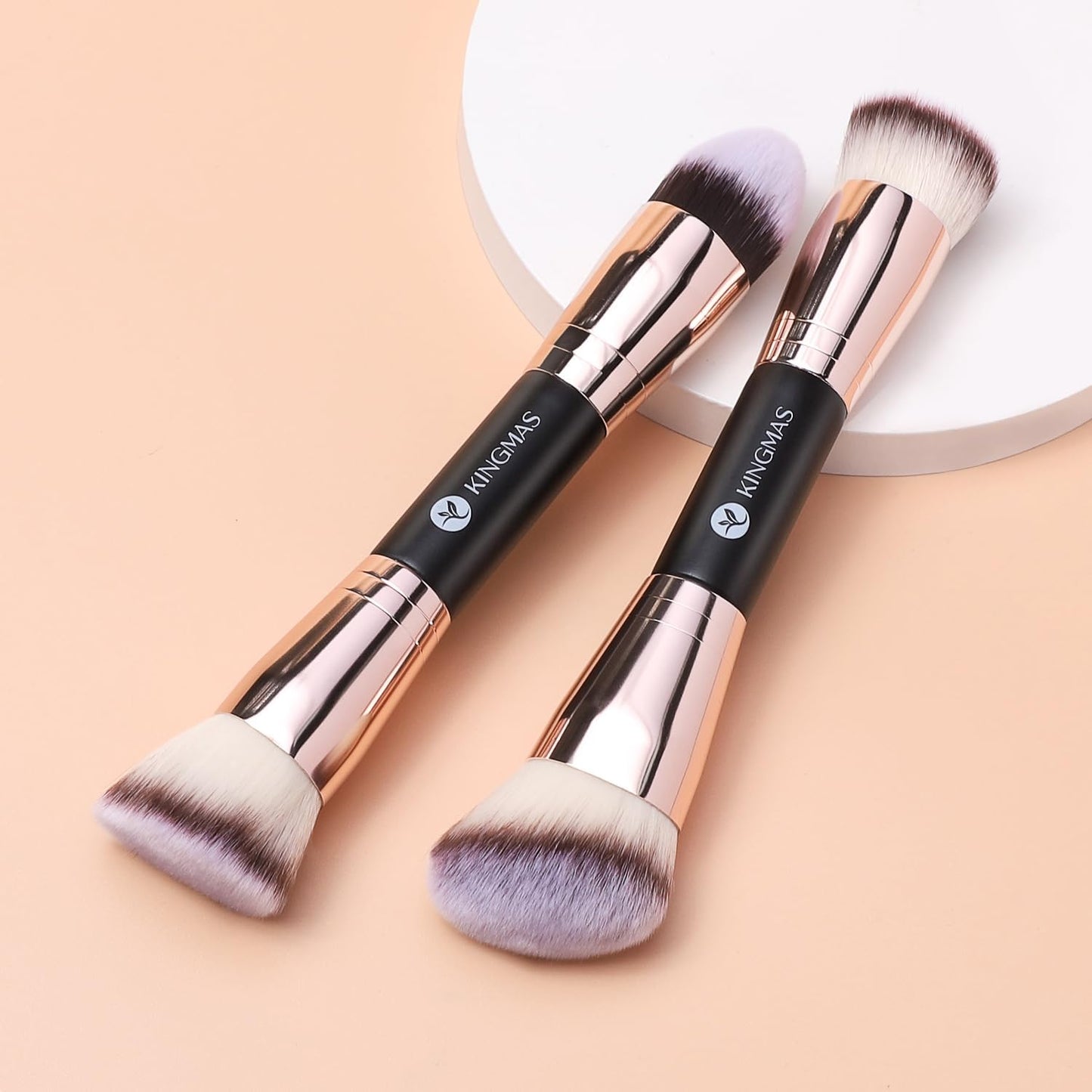 KINGMAS Foundation Makeup Brush, Premium Kabuki Brush, Double-Ended Contour Brush (Flat/Angled Round Top) for Blending Liquid Powder Concealer Cream Blush Makeup Brush