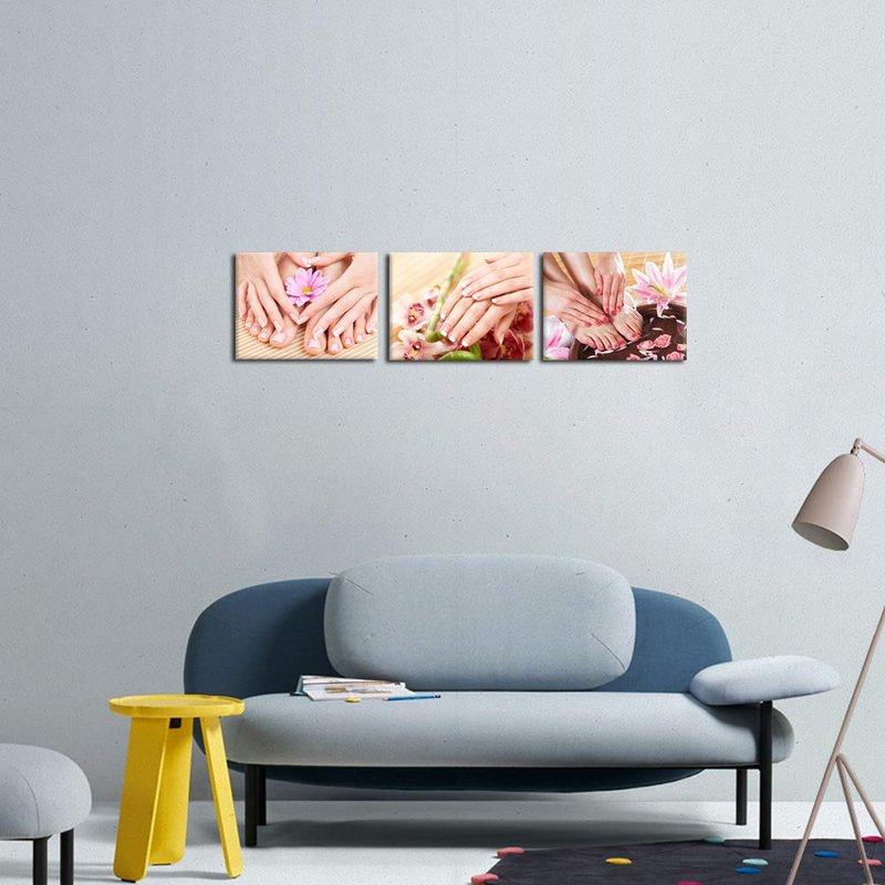 iKNOW FOTO Canvas Set of 3 Wall Art Manicure Painting Hands Foot Bath Massage Spa Still Life with Flowers Pictures Nails Beauty Salon Posters Printed Giclee Print Gallery Wrap for Walls