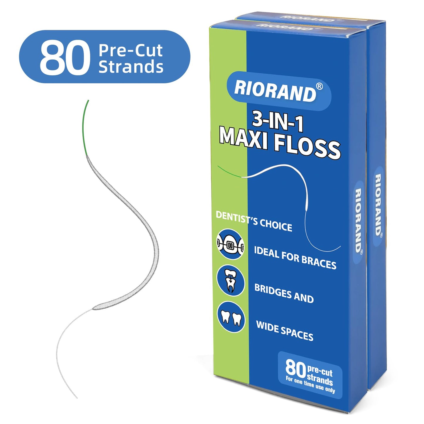RioRand 3-in-1 Orthodontic Floss Threaders for Braces, Bridges & Implants - Pre-Cut Strands with Stiffened End & Spongy Expanding Floss, PFAS-Free 160 Count (Pack of 2)