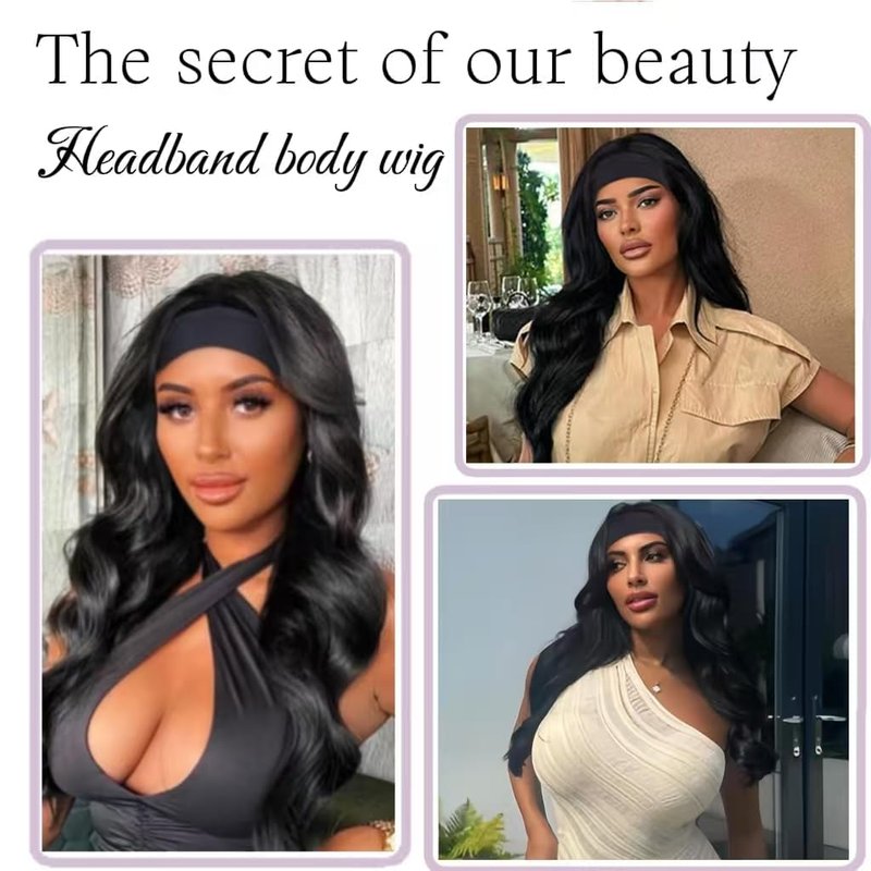 Headband Wig Human Hair Body Wave Wigs None Lace Front Wigs 100% Human Hair Brazilian Virgin 180% Density Natural Color (14inch)