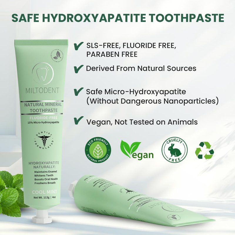 Hydroxyapatite Toothpaste – MILTODENT 15% Micro-Hydroxyapatite Premium Toothpaste Fluoride-Free, Foam-Free, Natural Mineralizing | Safe Alternative to Nano-Hydroxyapatite | SLS-Free & Paraben-free 4oz