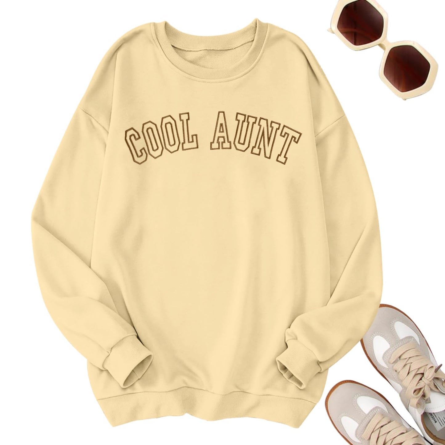 QAUN Oversized Aunt Sweatshirt Women: Auntie Tshirt Cool Aunt Shirt Long Sleeve Casual Pullover Tops(Apricot, Medium)