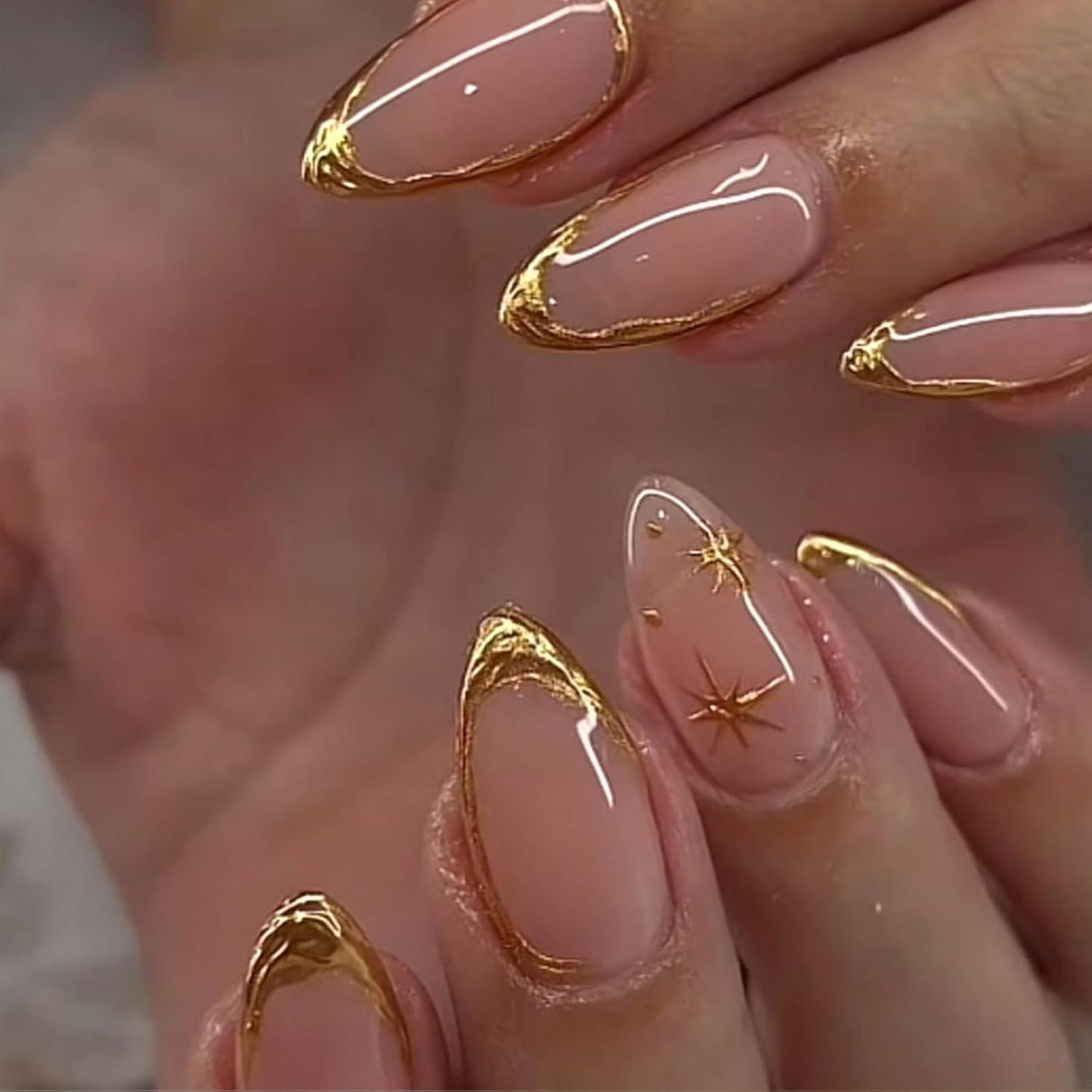 French Tip Almond Press-On Nails with Gold Bow | Reusable Glossy Acrylic False Nails for Women