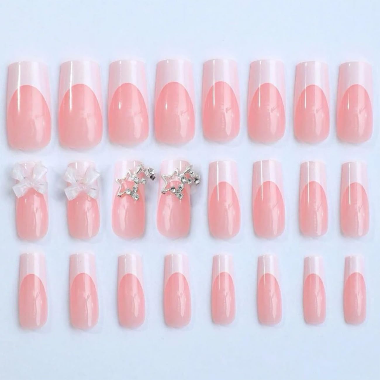 24pcs French Tip Press-On Nails - Short, Charms, Bow, Flower Design, Pink, Cute, Square Shape, Acrylic, Rhinestones