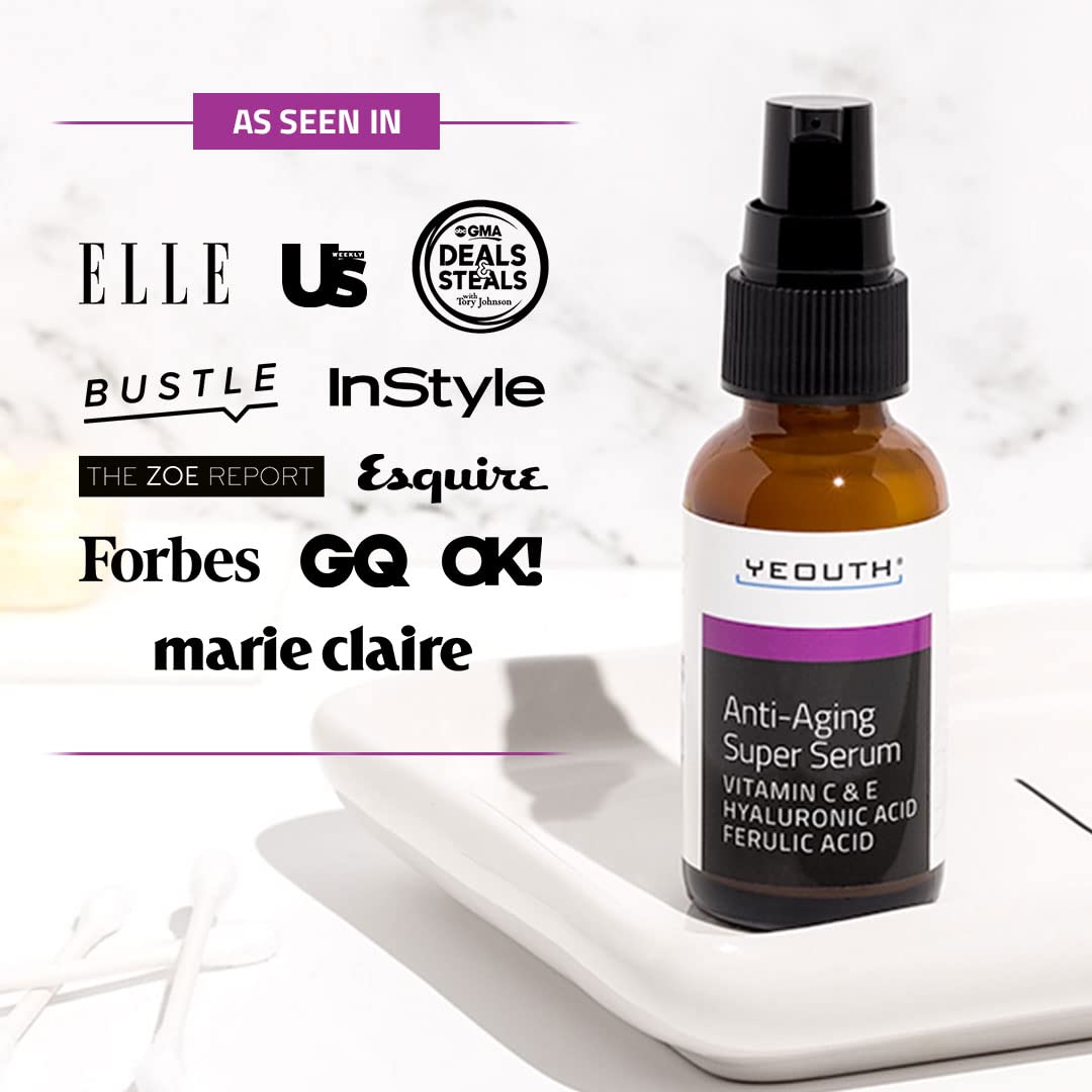 YEOUTH Anti Aging Serum for Face with Hyaluronic Acid, Ferulic Acid, Vitamin C and E, Hydrating Face Serum for Women and Men Targets Dull and Dry Skin 1oz