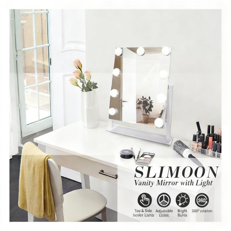SLIMOON Makeup Vanity Mirror with LED Lights Makeup Mirror Detachable 10X Magnification, Hollywood Make Up Mirror with Lighting, Smart Touch, Rechargeable,360° Rotation, White 13.77"x 11.81"