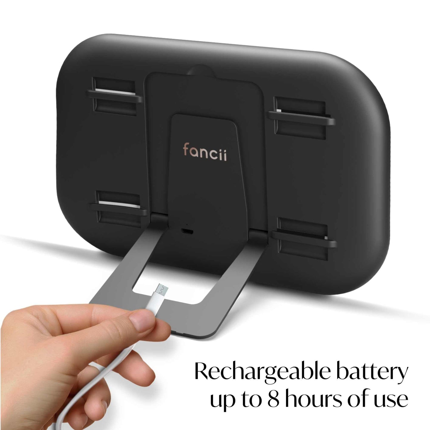 Fancii Car Sun Visor Makeup Mirror with Light, Rechargeable, 3 Color Modes, Dimmable, Adjustable Strap Clip-On Vanity Mirror, Universal fit, Built-in Kickstand (Juni 2) - Black