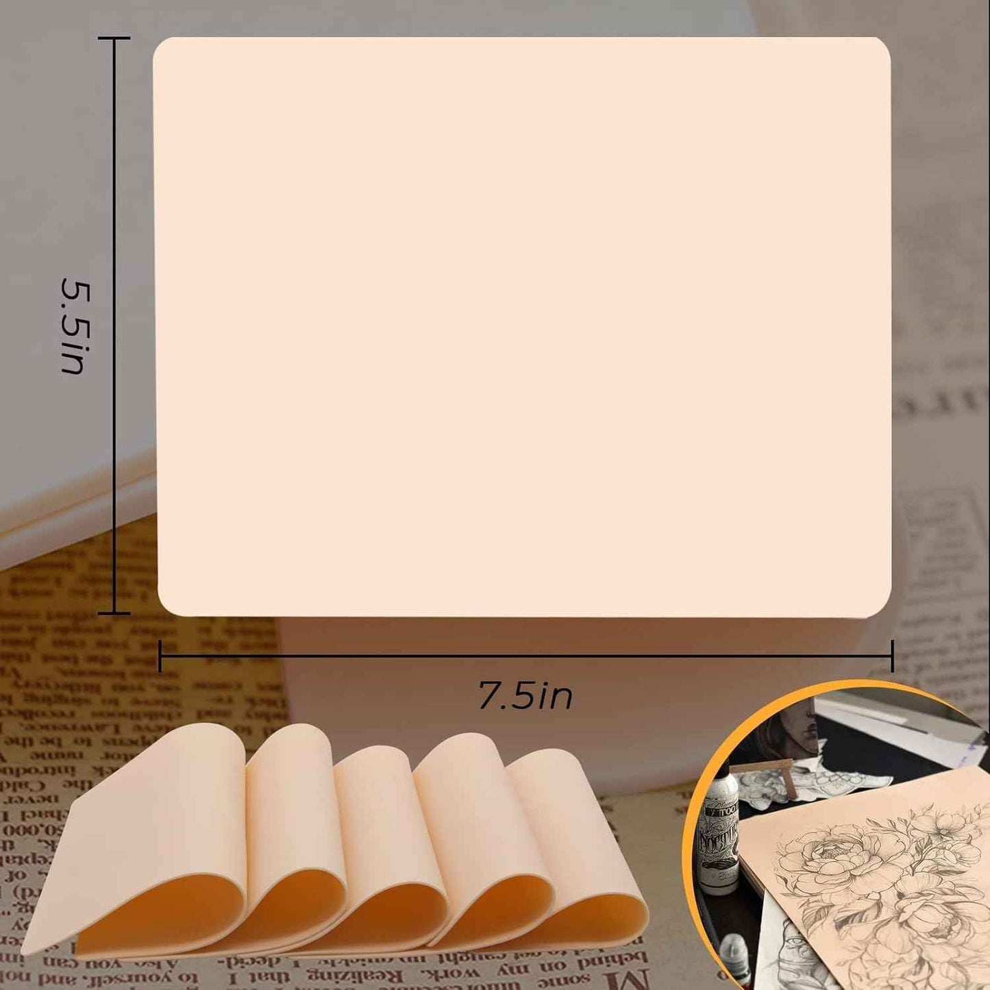 Yangna 3MM Tattoo Practice Skin - 8 Pack (7.4"x5.6") 3MM Thick Reusable Fake Skin for Tattoo Training, Double-Sided Silicone Sheets for Beginners & Artists